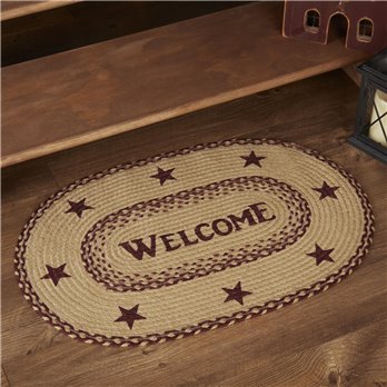 Burgundy Tan Jute Rug Oval Welcome 20x30