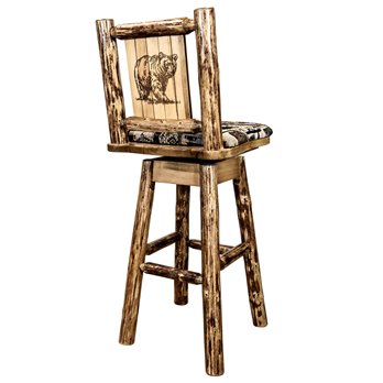 Glacier Barstool w/ Back, Swivel, Woodland Pattern Upholstery & Laser Engraved Bear Design