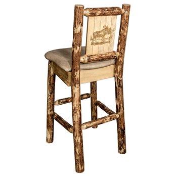 Glacier Barstool w/ Back, Buckskin Upholstery Seat & Laser Engraved Moose Design