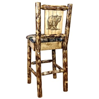 Glacier Barstool w/ Back, Woodland Upholstery Seat & Laser Engraved Bear Design