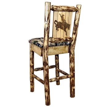 Glacier Barstool w/ Back, Woodland Upholstery Seat & Laser Engraved Bronc Design