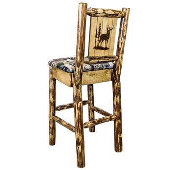 Glacier Barstool w/ Back, Woodland Upholstery Seat & Laser Engraved Elk Design