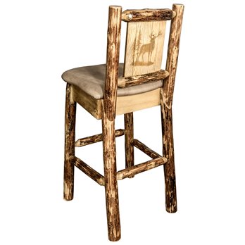 Glacier Counter Height Barstool w/ Back, Buckskin Upholstery & Laser Engraved Elk Design