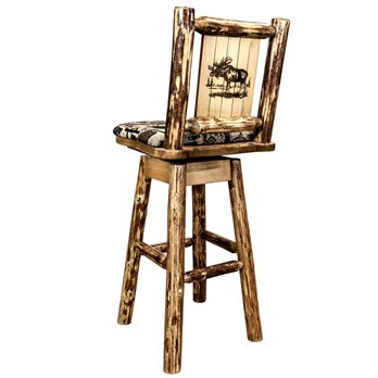 Glacier Barstool w/ Back, Swivel, Woodland Pattern Upholstery & Laser Engraved Moose Design