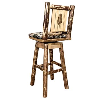 Glacier Barstool w/ Back, Swivel, Woodland Pattern Upholstery & Laser Engraved Pine Tree Design