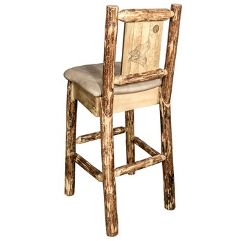 Glacier Counter Height Barstool w/ Back, Buckskin Upholstery & Laser Engraved Wolf Design