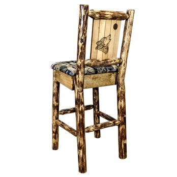 Glacier Barstool w/ Back, Woodland Upholstery Seat & Laser Engraved Wolf Design