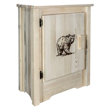 Homestead Left Hinged Accent Cabinet w/ Laser Engraved Bear Design - Clear Lacquer Finish
