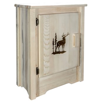 Homestead Left Hinged Accent Cabinet w/ Laser Engraved Elk Design - Clear Lacquer Finish