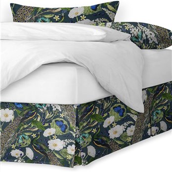 Peacock Print Teal/Navy Platform Bed Skirt - Size Full 15" Drop