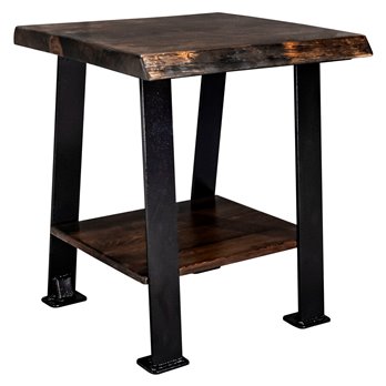 Big Sky Live Edge End Table w/ Shelf, Blackstone Series Forged Iron Legs - Jacobean Stain & Clear Lacquer Finish