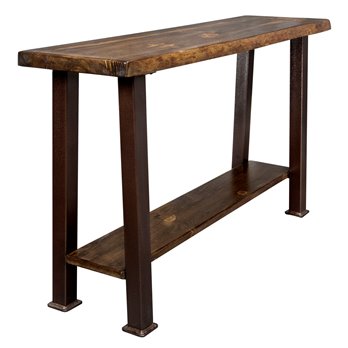 Big Sky Live Edge Console Table w/ Shelf, Copper Creek Series Forged Iron Legs - Provincial Stain & Clear Lacquer Finish