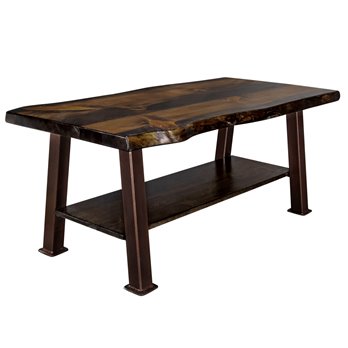 Big Sky Live Edge Coffee Table w/ Shelf, Copper Creek Series Forged Iron Legs - Jacobean Stain & Clear Lacquer Finish