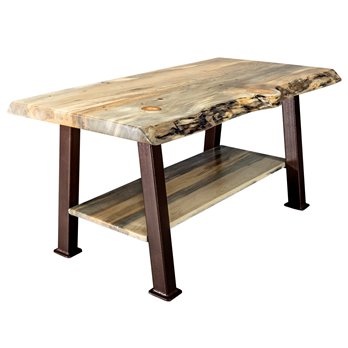 Big Sky Live Edge Coffee Table w/ Shelf, Copper Creek Series Forged Iron Legs - Natural Clear Lacquer Finish