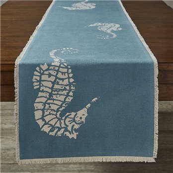 Seahorse Print Aqua Woven Table Runner 15" x 72"