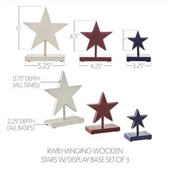 RWB Hanging Wooden Stars w/ Display Base Set of 3