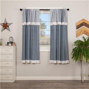 Sawyer Mill Blue Chambray Solid Short Panel with Attached Patchwork Valance Set of 2 63x36