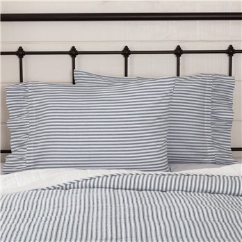 Sawyer Mill Blue Ticking Stripe Ruffled Standard Pillow Case Set of 2 21x30