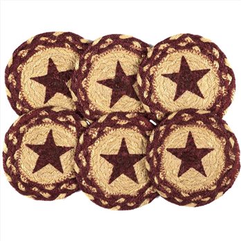 Burgundy Tan Jute Coaster Stencil Star Set of 6