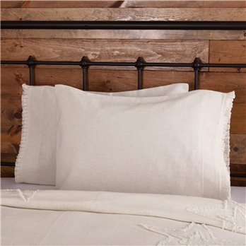 Burlap Antique White Standard Pillow Case w/ Fringed Ruffle Set of 2 21x30
