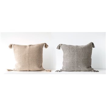 Brown/Black Striped Square Cotton Woven Pillow with Tassels (Set of 2 Colors)