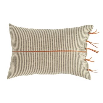 Beige & Black Striped Cotton Ticking Lumbar Pillow with Leather Trim