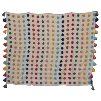 60"L x 50"W Woven Cotton Throw with Tufted Dots & Tassels