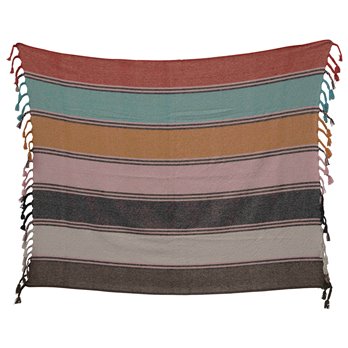 60"L x 50"W Recycled Cotton Blend Striped Throw with Braided Fringe