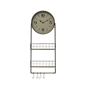 Round Metal & Wood Wall Clock with 2 Storage Baskets, Rod & 4 Hooks