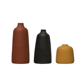 Embossed Stoneware Vases with Fluted & Polka Dot Designs (Set of 3 Sizes/Colors)