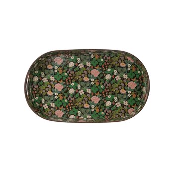Decorative Metal Oval Tray with Floral Design & Cut-out Handles