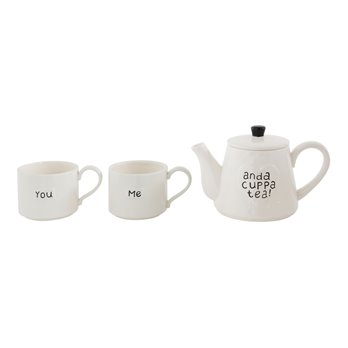 "You Me and a Cuppa Tea" White Stoneware Teapot with 2 Mugs (Set of 3 Pieces)