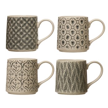 16 oz. Hand-Stamped Stoneware Mug w/ Embossed Pattern, Black & Cream Color, 4 Styles