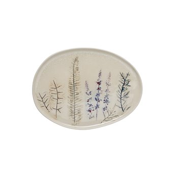 13.75" Oval Debossed Floral Stoneware Platter with Reactive Crackle Glaze Finish (Each one will vary)