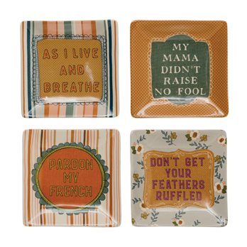 5" Square Stoneware Plate w/ Saying, 4 Styles ©