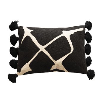 Cotton Embroidered Lumbar Pillow, Black & White