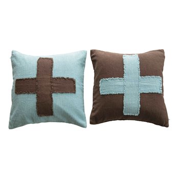 20" Square Woven Cotton Slub Pillow w/ Embroidered Swiss Cross & Frayed Edge, Multi Color, 2 Colors