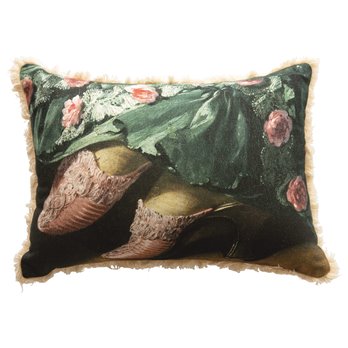 Cotton Lumbar Pillow with Vintage Shoes Image & Fringe, Multi Color