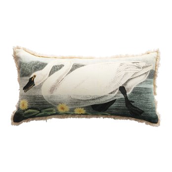 Cotton Lumbar Pillow with Vintage Reproduction Swan & Flowers Image, Multi Color