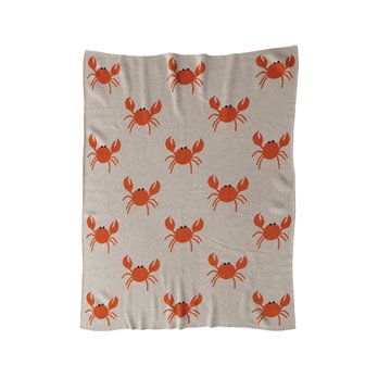 Cotton Knit Baby Blanket with Crabs, Cream Color & Orange