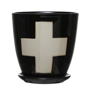 Stoneware Planter with Saucer & Wax Relief White Swiss Cross, Black, Set of 2 (Holds 4" Pot) (Each One Will Vary)