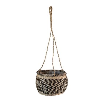 Hand-Woven Hanging Seagrass Basket Planter with Plastic Lining, Natural & Black (Holds 7" Pot)