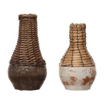 Hand-Woven Rattan & Clay Vase, Distressed Finish, 2 Colors (Each One Will Vary)