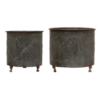 Embossed Metal Footed Planters, Distressed Grey Finish, Set of 2 (Holds 14" & 12" Pots)