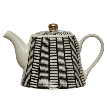 18 oz. Stoneware Teapot with Pattern & Gold Electroplating, Black & White