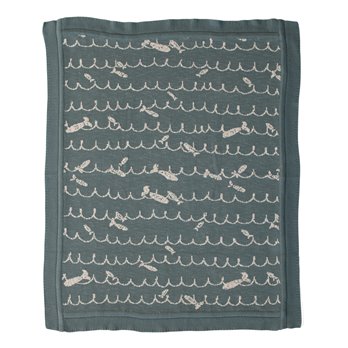 Cotton Knit Baby Blanket with Fish, Blue
