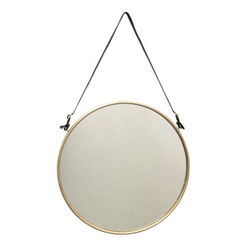 Round Metal & MDF Hanging Wall Mirror with Buckle Strap, Brushed Brass Finish