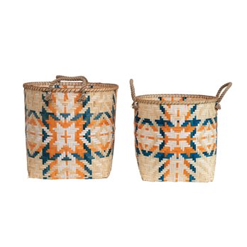 Hand-Woven Bamboo Baskets with Handles, Multi Color, Set of 2