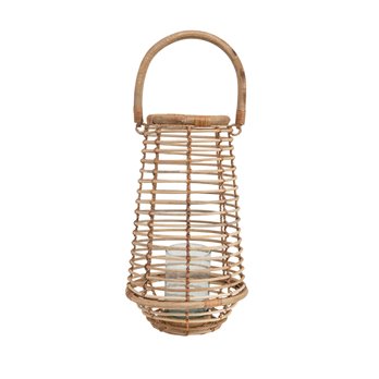 Handmade Rattan Tapered Lantern with Handle & Glass Insert, Natural (Holds 3" Pillar)
