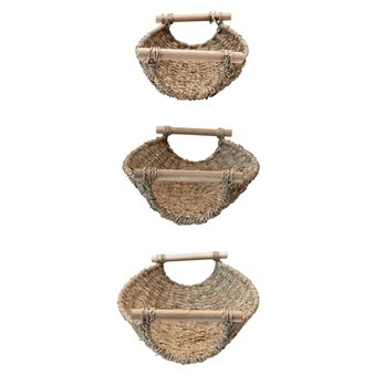 Decorative Seagrass & Metal Trays with Wood Handles, Natural, Set of 3